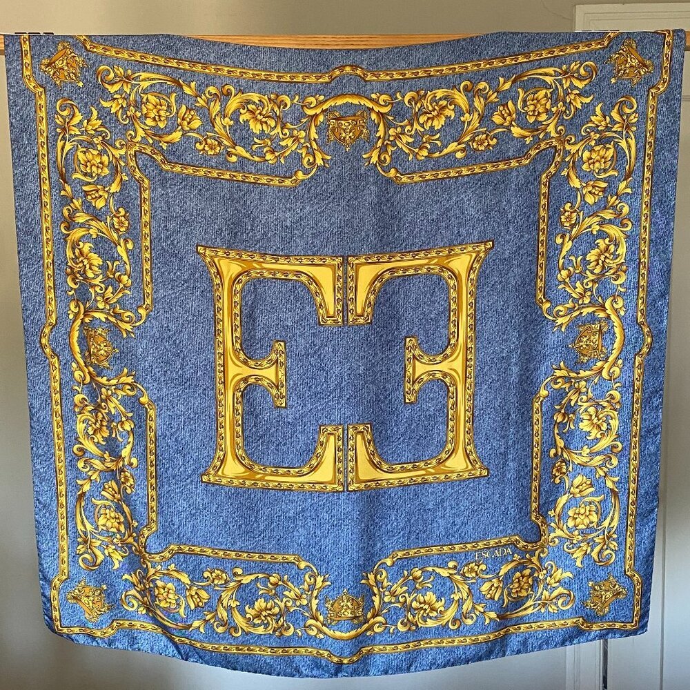 Vintage 80s ESCADA Blue & Gold Scroll Scarf
